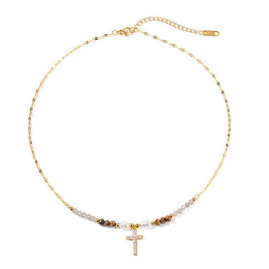 18k Gold Plated Pearl Cross Pendant Necklace Vintage Light Luxury Trendy Dainty Pearl Cross Pendant Necklace for Women/Ladies
