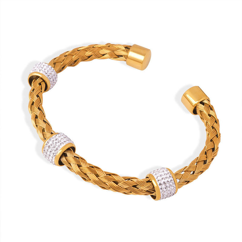 Non Tarnish 18k Gold Plated Woven Hollow Design Open Bracelet Cubic Zirconia Stainless Steel Cuff Bracelet Pulseras Y Brazaletes