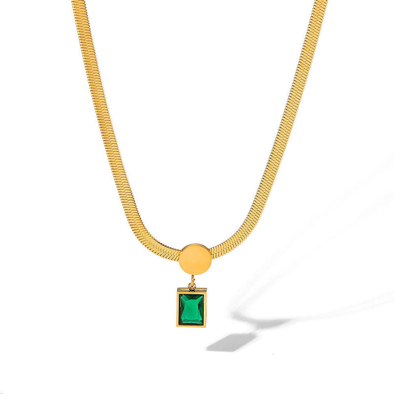 French 18K Gold-plated Stainless Steel Necklace, Fashionable Retro Women's Necklace Green square Zircon Pendant Snake Chain