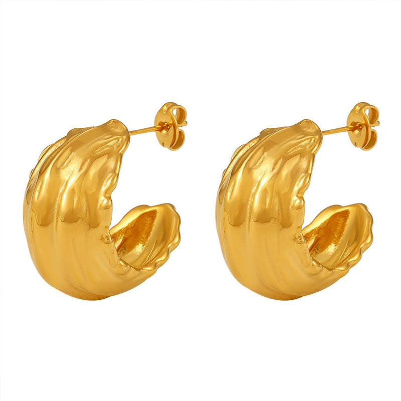 PVD Plated Stainless Steel Pleated Textured Lava C-Shape Earrings Hollow Out Stud Earrings Hoop Earring Stainless Steel Jewelry
