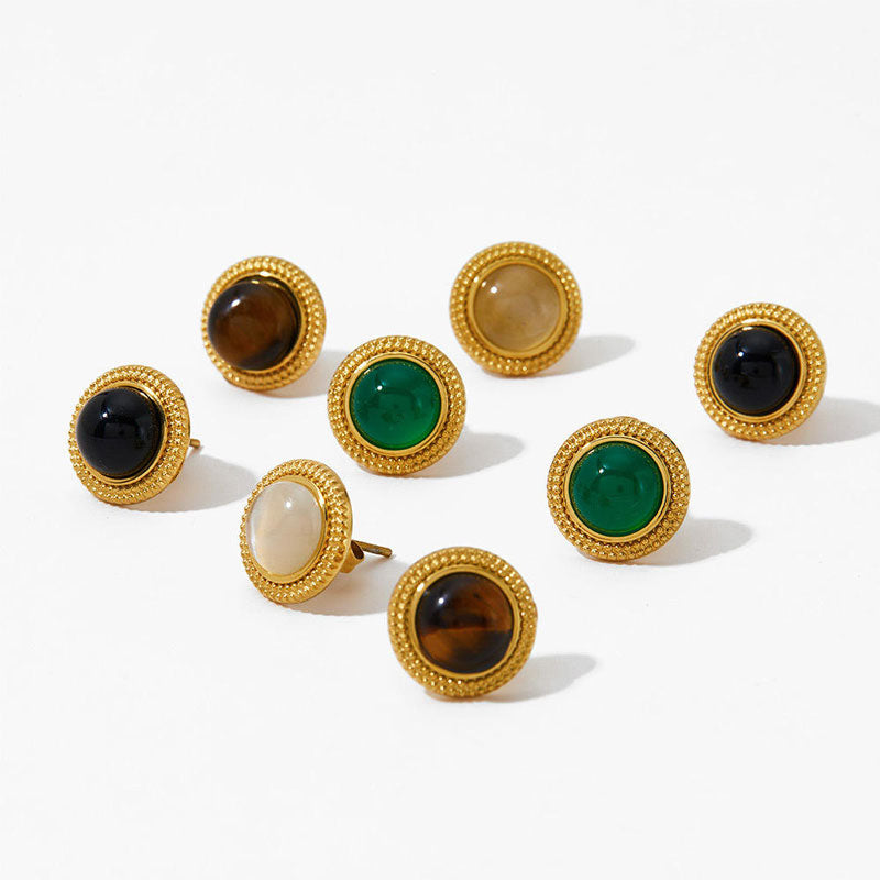 Exquisite Natural Stone Stainless Steel Round Small Stud Earrings Waterproof Trendy High Quality Daily Jewelry Bijou