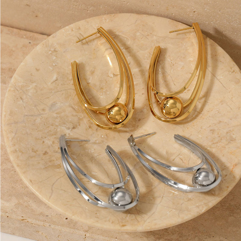 Sming Glamorous Spherical U Shaped Earrings With 18K Gold - Plated Stainless Steel Multi Layer Design As Unique Ladies' Jewelry