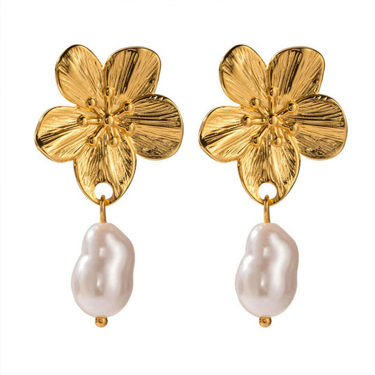 New European and American Hypoallergenic18K Gold-plated Flower Earrings with Fashionable Temperament Pearl Earrings for Women