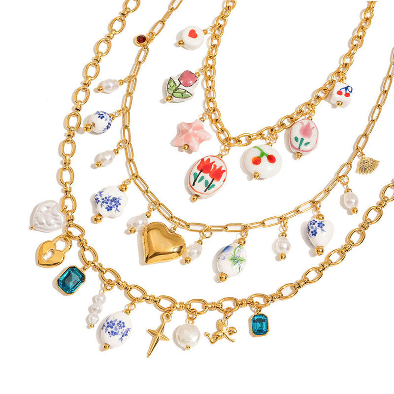 Trendy Anti Tarnish Gold Necklace 18k Real Stainless Steel Ceramic Heart Zircon Pearl Pendant Necklace for Women Girls