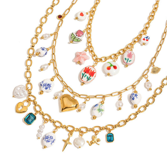Trendy Anti Tarnish Gold Necklace 18k Real Stainless Steel Ceramic Heart Zircon Pearl Pendant Necklace for Women Girls