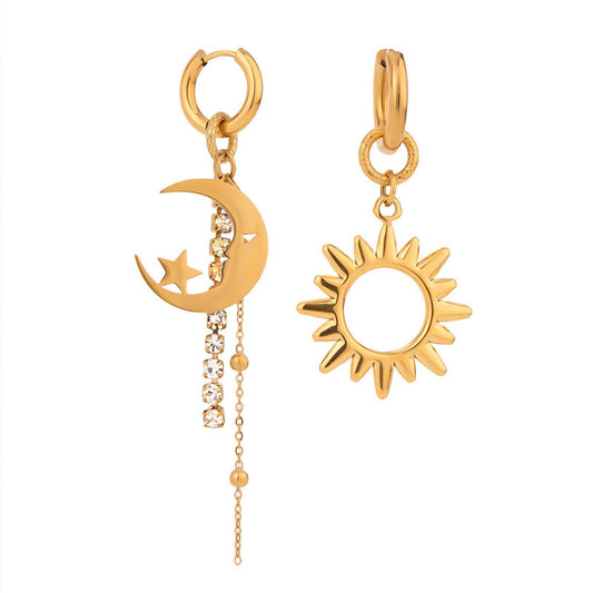 18K Fashionable Gold-plated Tassel Earrings with Geometric Shapes European and American Stainless Steel Star Moon Sun Earrings