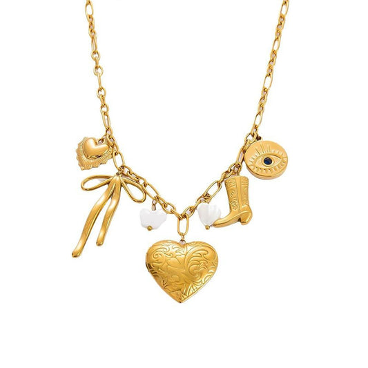 Women's Stainless Steel Necklace Heart-Shaped Pendant Handmade DIY Butterfly Shell Collarbone Chain Gold Romantic Necklace Boot