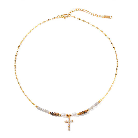 18k Gold Plated Pearl Cross Pendant Necklace Vintage Light Luxury Trendy Dainty Pearl Cross Pendant Necklace for Women/Ladies