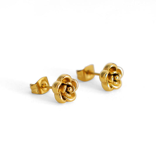 2025 New Design Wholesale Hypoallergenic Waterproof Stainless Steel PVD 18K Gold Plated Studs Rose Flower Earrings