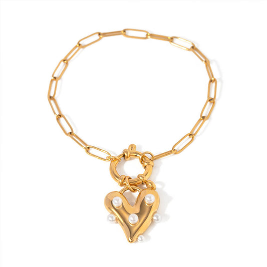 European and American Fashion 18k Gold-plated Stainless Steel Heart-shaped Pearl Bracelet Non Fading Women's Jewelry