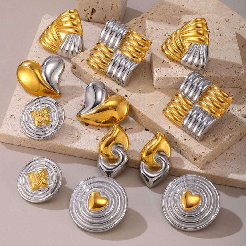 18K Gold Plated Stainless Steel Hammered Geometric Earrings Set Mixed Color Fashion Jewelry