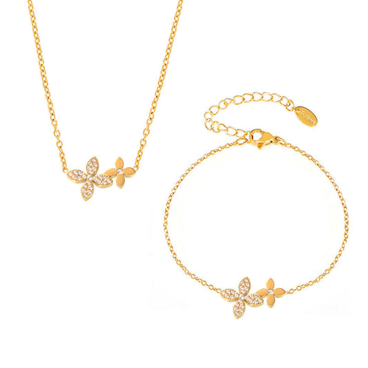 Custom Lucky Flower PVD Gold 316l Stainless Steel Chain Tarnish Free Zirconia Jewelry Pendant Bracelet Necklace Sets for Women