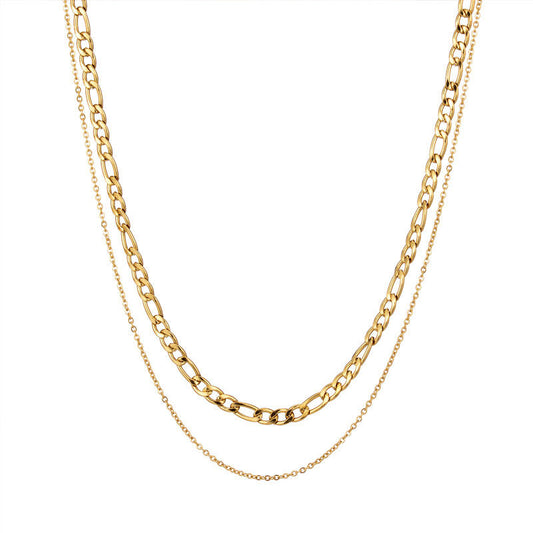 Minimalist Double Layer 18K Gold Stainless Steel Plated Figaro Chain Cuban Rose Pattern Stacked Necklace Stone Silver Packed Bag
