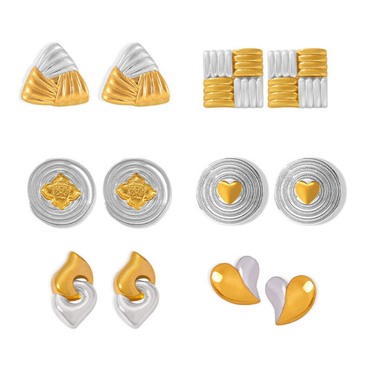 18K Gold Plated Stainless Steel Hammered Geometric Earrings Set Mixed Color Fashion Jewelry